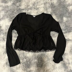 NWOT Garage Black Lace Trim V Neck Long Sleeve Sheer Top with Tie - Size M